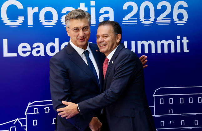 EU MED9 Prime Minister of Croatia Andrej Plenkovic welcomes Prime Minister of Potugal Luis Montenegro for EU MED9 summit at Split, Croatia on October 7, 2026. IvoxCagalj PIXSELL