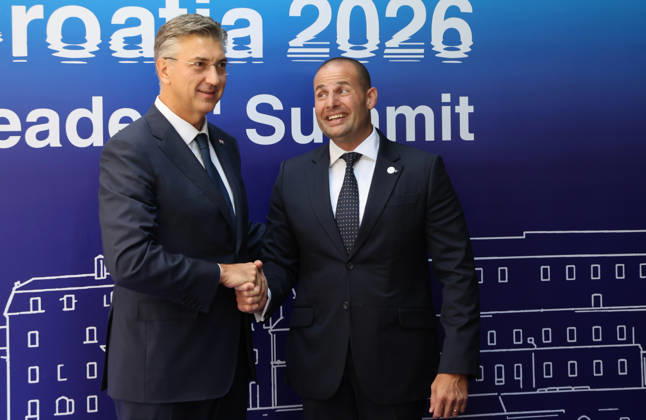 EU MED9 Prime Minister of Croatia Andrej Plenkovic welcomes Prime Minister of Malta Robert Abela for EU MED9 summit at Split, Croatia on October 7, 2026. IvoxCagalj PIXSELL