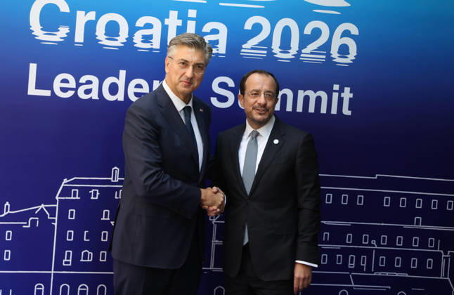 EU MED9 Prime Minister of Croatia Andrej Plenkovic welcomes President of Republic of Cyprus Nikos Christodoulides for EU MED9 summit at Split, Croatia on October 7, 2026. IvoxCagalj PIXSELL