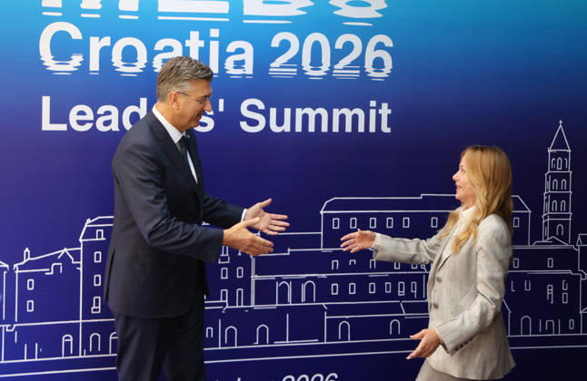 EU MED9 Prime Minister of Croatia Andrej Plenkovic welcomes Prime Minister of Italy Giorgia Meloni for EU MED9 summit at Split, Croatia on October 7, 2026. IvoxCagalj PIXSELL