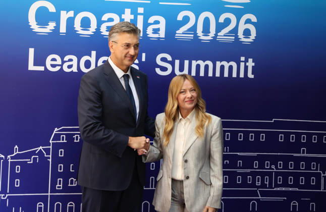 EU MED9 Prime Minister of Croatia Andrej Plenkovic welcomes Prime Minister of Italy Giorgia Meloni for EU MED9 summit at Split, Croatia on October 7, 2026. IvoxCagalj PIXSELL