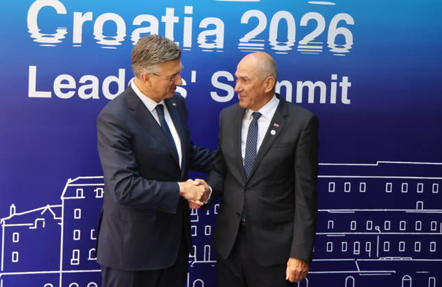 EU MED9 Prime Minister of Croatia Andrej Plenkovic welcomes Prime Minister of Slovenia Janez Jansa for EU MED9 summit at Split, Croatia on October 7, 2026. IvoxCagalj PIXSELL