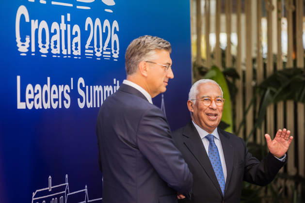 EU MED9 Prime Minister of Croatia Andrej Plenkovic welcomes President of the European Council Antonio Costa for EU MED9 summit at Split, Croatia on October 7, 2026.  ZvonimirxBarisin PIXSELL