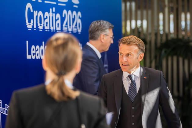 EU MED9 Prime Minister of Croatia Andrej Plenkovic welcomes President of France Emmanuel Macron for EU MED9 summit at Split, Croatia on October 7, 2026.  ZvonimirxBarisin PIXSELL