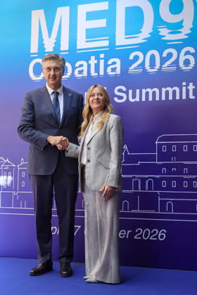 EU MED9 Prime Minister of Croatia Andrej Plenkovic welcomes Prime Minister of Italy Giorgia Meloni for EU MED9 summit at Split, Croatia on October 7, 2026.  IvanaxIvanovic PIXSELL