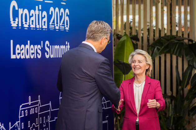 EU MED9 Prime Minister of Croatia Andrej Plenkovic welcomes President of the European Commission Ursula von der Leyen for EU MED9 summit at Split, Croatia on October 7, 2026.  ZvonimirxBarisin PIXSELL