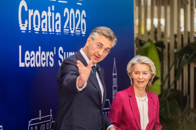 EU MED9 Prime Minister of Croatia Andrej Plenkovic welcomes President of the European Commission Ursula von der Leyen for EU MED9 summit at Split, Croatia on October 7, 2026.  ZvonimirxBarisin PIXSELL