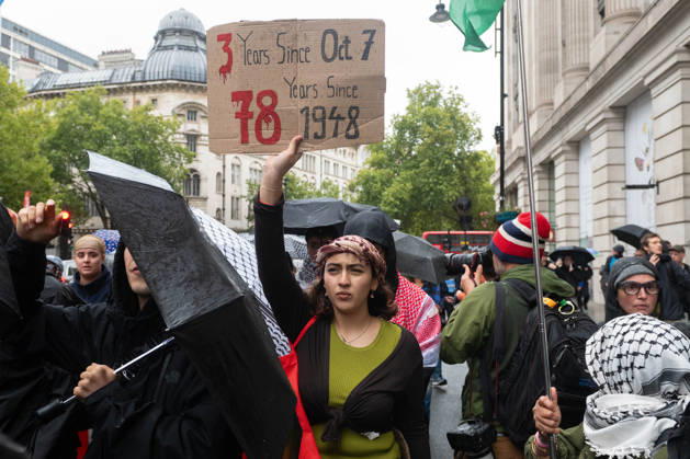 Pro-Palestinian protesters march In London LONDON, UNITED KINGDOM - OCTOBER 7: Pro-Palestinian demonstrators and students take part in a protest on the third anniversary of the October 7, 2023 attacks on Gaza in London, United Kingdom, on October 7, 2026. Protestors called for an end to Israeli military operations in Gaza and expressed solidarity with the Palestinian people. Thomas Krych Anadolu London United Kingdom. Editorial use only. Please get in touch for any other usage. Copyright: x2026xAnadoluxThomasxKrychx