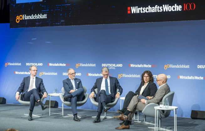 80 Years of Handelsblatt and 100 Years of WirtschaftsWoche EUR, Germany, Berlin, October 7, 2026 Marc Billeb, Spokesperson for the Executive Board, PwC Germany, Carsten Knobel, CEO of Henkel Europe, Christian Sewing, CEO of Deutsche Bank, as well