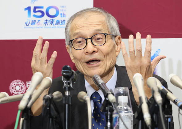 October 7, 2026, Tokyo, Japan - Japanese chemist Kenso Soai of professor emeritus at the Tokyo University of Science (TUS) speaks at a press conference as he won the Nobel Prize in Chemistry at the TUS campus Tokyo on Wednesday, October 7, 2026. Soai and French chemist Henri Kagan won the prize to discover non-linear effects and autocatalysis in asymmetric organic synthesis (photo by Yoshio Tsunoda AFLO) aflo_354043940