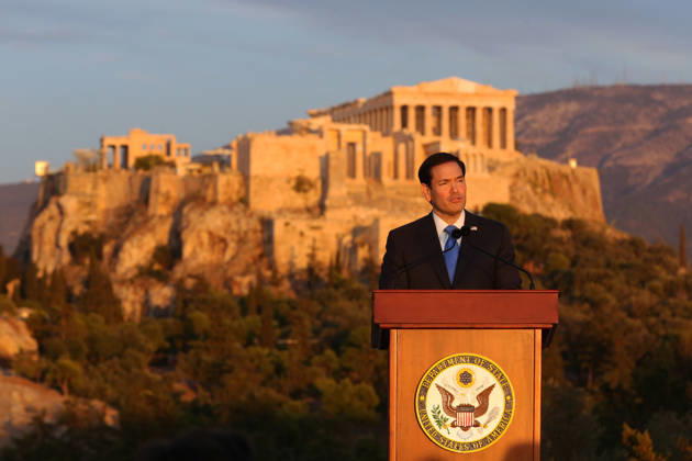 US Secretary of State visits Athens - US Secretary of State Marco Rubio delivers a speech on the Pnyx hill with the Acropolis in the background in Athens, Greece, 07 October 2026. Marco Rubio is visiting Athens for the launch of the 6th Greece-US Strategic Dialogue, focusing on defense, energy, and regional cooperation. ATHENS Greece Copyright: xOnexInchxProductionsx 7112524