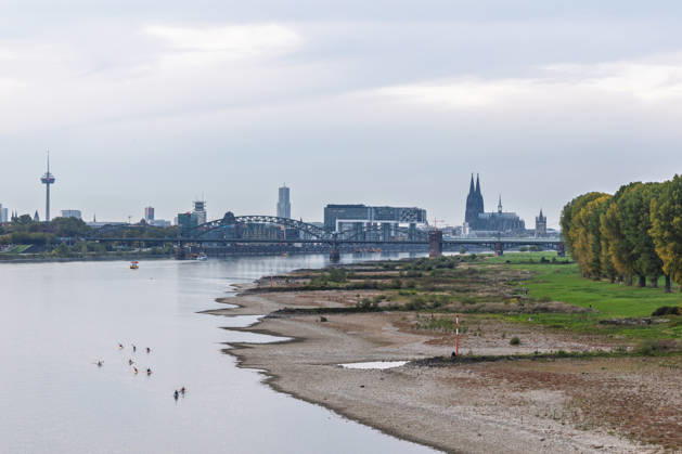 Low water levels on the Rhine: View from the Rodenkirchen Bridge (A4) toward the Cologne skyline, October 7, 2026. View from the Rodenkirchen A4 highway bridge downstream Copyright: xMarcxJohnx