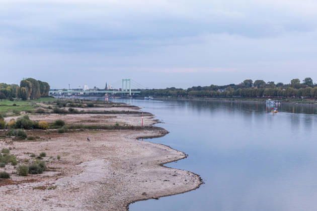 Low Water on the Rhine: Dry Riverbed in Front of the Rodenkirchen Bridge (A4) 07 10 26 View from the Eisenbahn Südbrücke in Cologne, looking upstream toward the south at the Rodenkirchen Highway Bridge (A4). In the foreground, the riverbed i Copyright: xMarcxJohnx