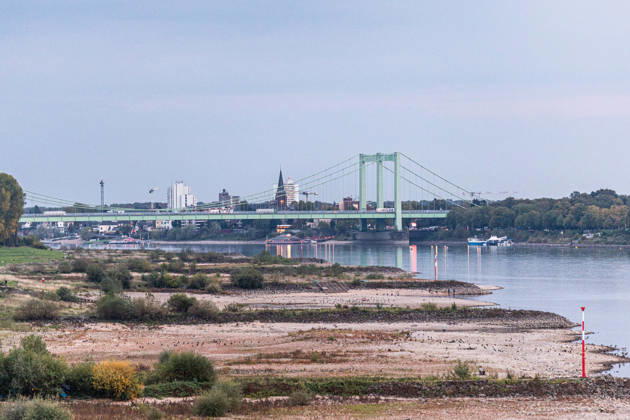 Low Water on the Rhine: Dry Riverbed in Front of the Rodenkirchen Bridge (A4) 07 10 26 View from the Eisenbahn Südbrücke in Cologne, looking upstream toward the south at the Rodenkirchen Highway Bridge (A4). In the foreground, the riverbed i Copyright: xMarcxJohnx
