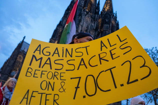 October 7, 2026, Cologne, Nrw, Germany: Multiple hundreds of people took part in a demonstration in Cologne marking the third anniversary of October 7, 2023, protesting IsraelÃ¢â‚¬â ¢s military campaign and genocidal intervention in Gaza. A smaller counter-protest took place without reported confrontations between the two groups...Police intervened and stopped the demonstration multiple times before protesters were held inside a police cage for approximately two hours. Officers later opened a corridor and allowed them to leave in small groups. During the dispersal, police arrested around 10 protesters, who were later released from custody. Cologne Germany - ZUMAm356 20261007_zip_m356_001 Copyright: xMouafakxMahmaljix