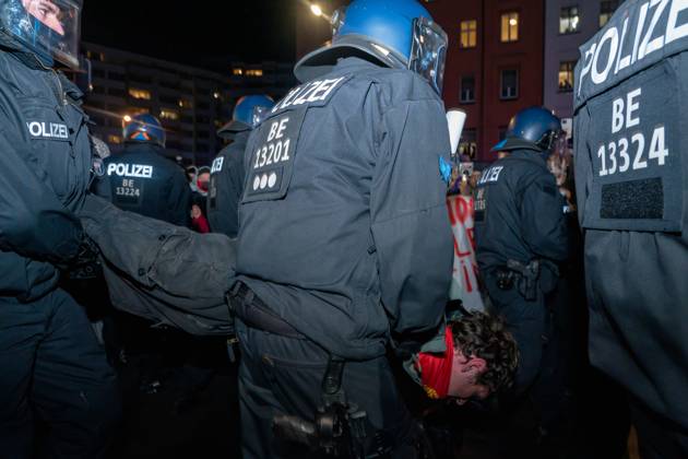 October 7, 2026, Berlin, Berlin, Germany: BERLIN, GERMANY, OCTOBER 7, 2026: Pro-Palestinian demonstrators march through Berlin s Kreuzberg district during a protest marking three years since the October 7 attacks and the start of the war in Gaza. The march encountered a small pro-Israel counter-demonstration along its route, with opposing groups exchanging chants. Berlin police later halted and dispersed the march before it reached its planned endpoint at Hermannplatz. Berlin Germany - ZUMAq101 20261007_zna_q101_427 Copyright: xNikosxKanistrasx