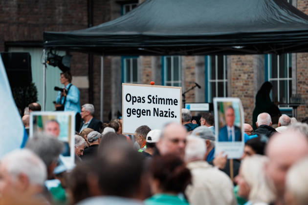 Rally in Düsseldorf marking the anniversary of Hamas’s terrorist attack on Israel on October 7, 2023, and against anti-Semitism; sign: Grandpa’s Voice Against Nazis Copyright: xThiemoxRudolphx