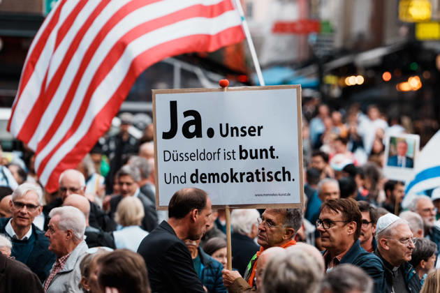 Rally in Düsseldorf marking the anniversary of Hamas’s terrorist attack on Israel on October 7, 2023, and against anti-Semitism; sign reading Düsseldorf: Colorful and Democratic Copyright: xThiemoxRudolphx