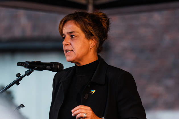 Rally in Düsseldorf marking the anniversary of Hamas’s terrorist attack on Israel on October 7, 2023, and protesting anti-Semitism; speech by Mona Neubaur, Deputy Minister-President of North Rhine-Westphalia, Minister of Economic Affairs, and member of the Green Party Copyright: xThiemoxRudolphx