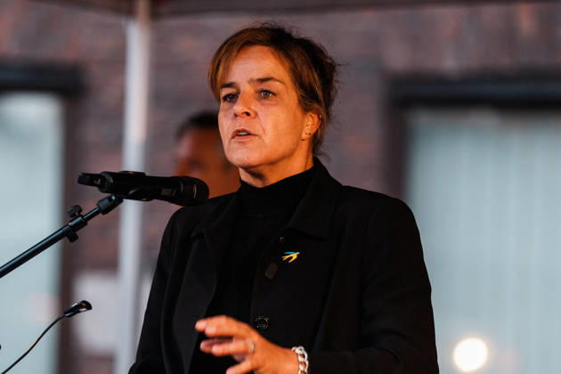 Rally in Düsseldorf marking the anniversary of Hamas’s terrorist attack on Israel on October 7, 2023, and protesting anti-Semitism; speech by Mona Neubaur, Deputy Minister-President of North Rhine-Westphalia, Minister of Economic Affairs, and member of the Green Party Copyright: xThiemoxRudolphx