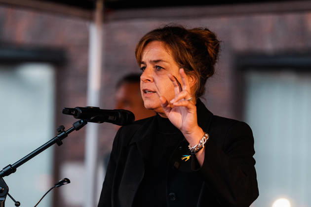 Rally in Düsseldorf marking the anniversary of Hamas’s terrorist attack on Israel on October 7, 2023, and protesting anti-Semitism; speech by Mona Neubaur, Deputy Minister-President of North Rhine-Westphalia, Minister of Economic Affairs, and member of the Green Party Copyright: xThiemoxRudolphx