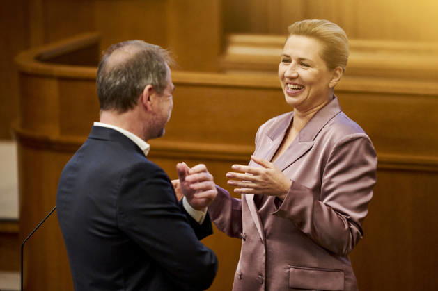 Opening debate in the Danish Parliament: Prime Minister Mette Frederiksen and Minister of Justice Nicolai Wammen, both of the Social Democratic Party, before the opening debate in the Parliament Hall at Christiansborg on Thursday, October 8, 2026. Photo by Thomas Traasdahl, Ritzau Scanpix, Copenhagen, Denmark  Copyright: RitzauxScanpix ThomasxTraasdahlx spdk20261008-085044-L
