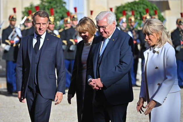 French president hosts German president, Elysee Palace, Paris, France French president Emmanuel Macron and his wife Mme Brigitte Macron host German President Mr Frank Walter Steinmeier and wife Mme Elke Budenbender at the Elysee Palace on October 08, 2026. Paris Elysee Palace Ile de France France
