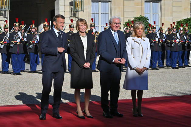French president hosts German president, Elysee Palace, Paris, France French president Emmanuel Macron and his wife Mme Brigitte Macron host German President Mr Frank Walter Steinmeier and wife Mme Elke Budenbender at the Elysee Palace on October 08, 2026. Paris Elysee Palace Ile de France France