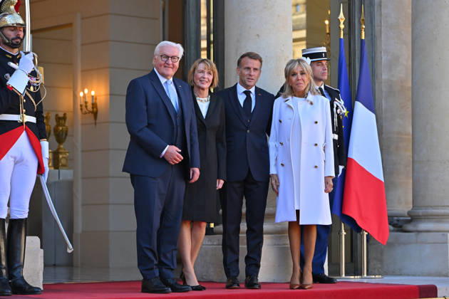 French president hosts German president, Elysee Palace, Paris, France French president Emmanuel Macron and his wife Mme Brigitte Macron host German President Mr Frank Walter Steinmeier and wife Mme Elke Budenbender at the Elysee Palace on October 08, 2026. Paris Elysee Palace Ile de France France