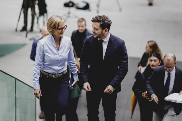 L R Franziska Brantner, co-chair of Alliance 90 The Greens, and Felix Banaszak, co-chair of Alliance 90 The Greens, photographed during the press conference to present the flagship proposal Our Plan for Germany, Berlin, October 8, 2026, Berlin, Germany Copyright: xFlorianxGaertnerx