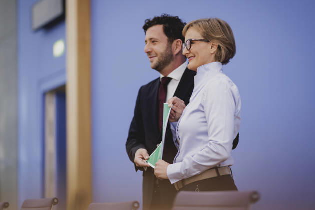 R L Franziska Brantner, co-chair of Alliance 90 The Greens, and Felix Banaszak, co-chair of Alliance 90 The Greens, photographed during the press conference to present the flagship proposal Our Plan for Germany, Berlin, October 8, 2026, Berlin, Germany Copyright: xFlorianxGaertnerx