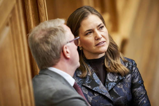 Opening debate in the Danish Parliament: Morten Boedskov of the Social Democratic Party and Marie Bjerre of the Liberal Party during the opening debate in the Folketing Hall at Christiansborg on Thursday, October 8, 2026. Photo by Thomas Traasdahl, Ritzau Scanpix, Copenhagen, Denmark  Copyright: RitzauxScanpix ThomasxTraasdahlx spdk20261008-112321-L