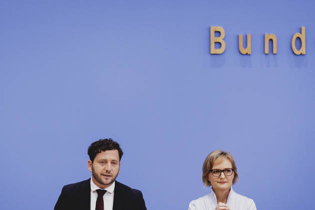 R L Franziska Brantner, co-chair of Alliance 90 The Greens, and Felix Banaszak, co-chair of Alliance 90 The Greens, photographed during the press conference to present the flagship proposal Our Plan for Germany, Berlin, October 8, 2026, Berlin, Germany Copyright: xFlorianxGaertnerx