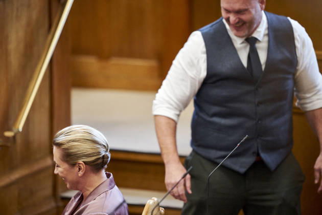 Opening debate in the Danish Parliament: Lars Boje Mathiesen of the Citizens Party and Prime Minister Mette Frederiksen of the Social Democratic Party chatting during the opening debate of the Danish Parliament in the Parliament Hall at Christiansborg on Thursday, October 8, 2026, Copenhagen, Denmark Copyright: RitzauxScanpix ThomasxTraasdahlx spdk20261008-113236-L