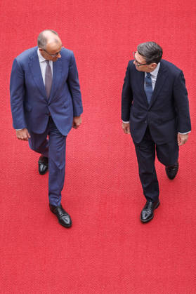 Welcome for the Prime Minister of the United Kingdom of Great Britain Welcome for Andrew Burnham, Prime Minister of the United Kingdom of Great Britain and Northern Ireland, by Federal Chancellor Friedrich Merz (CDU) in Berlin on October 8, 2026 Berlin, Berlin, Germany, Federal Chancellery