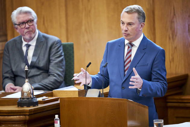 Opening Debate in the Danish Parliament: Morten Messerschmidt, Chairman of the Danish People’s Party, during the opening debate of the parliament in the Folketing Hall at Christiansborg on Thursday, October 8, 2026. Photo by Thomas Traasdahl, Ritzau Scanpix, Copenhagen, Denmark  Copyright: RitzauxScanpix ThomasxTraasdahlx spdk20261008-130748-L