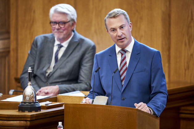 Opening Debate in the Danish Parliament: Morten Messerschmidt, chairman of the Danish People’s Party, at the podium during the opening debate of Parliament in the Parliament Hall at Christiansborg on Thursday, October 8, 2026, Copenhagen, Denmark Copyright: RitzauxScanpix ThomasxTraasdahlx spdk20261008-130759-L