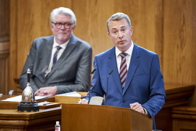 Opening Debate in the Danish Parliament: Morten Messerschmidt, chairman of the Danish People’s Party, at the podium during the opening debate of Parliament in the Parliament Hall at Christiansborg on Thursday, October 8, 2026, Copenhagen, Denmark Copyright: RitzauxScanpix ThomasxTraasdahlx spdk20261008-130803-L