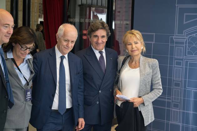IPA89429538 - Aldo Cazzullo; Fiorenza Sarzanini; Luciano Fontana; Urbano Cairo, and Lilli Gruber arriving at the Teatro Sistina for the celebrations marking the 150th anniversary of the *Corriere della Sera*, in Rome, Italy, on October 8, 2026. Flavio Brancaleone Fotogramma  Copyright: xFLAVIO_BRANCALONEx xx IPA89429538