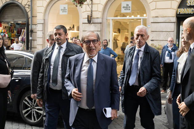 IPA89429541 - Senate President Ignazio La Russa upon his arrival at the Teatro Sistina for the celebrations marking the 150th anniversary of the *Corriere della Sera*, in Rome, Italy, on October 8, 2026. Flavio Brancaleone Fotogramma  Copyright: xFLAVIO_BRANCALONEx xx IPA89429541