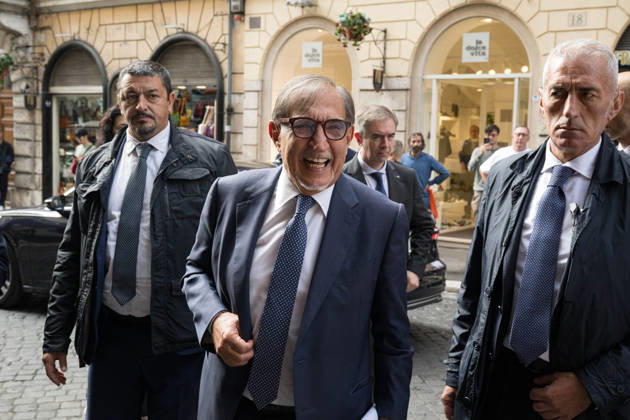 IPA89429547 - Senate President Ignazio La Russa upon his arrival at the Teatro Sistina for the celebrations marking the 150th anniversary of the *Corriere della Sera*, in Rome, Italy, on October 8, 2026. Flavio Brancaleone Fotogramma  Copyright: xFLAVIO_BRANCALONEx xx IPA89429547