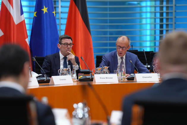 Regional Economic Forum with Chancellor Merz and British Prime Minister Andrew Burnham: Chancellor Friedrich Merz and Andrew Burnham, Prime Minister of the United Kingdom of Great Britain and Northern Ireland, at the opening of the joint regional economic forum at the Federal Chancellery, October 8, 2026, Berlin, Germany