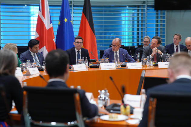 Regional Economic Forum with Chancellor Merz and British Prime Minister Andrew Burnham: Chancellor Friedrich Merz and Andrew Burnham, Prime Minister of the United Kingdom of Great Britain and Northern Ireland, at the opening of the joint regional economic forum at the Federal Chancellery, October 8, 2026, Berlin, Germany