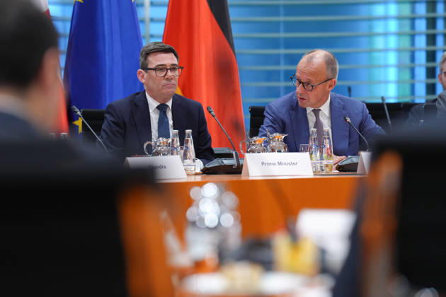 Regional Economic Forum with Chancellor Merz and British Prime Minister Andrew Burnham: Chancellor Friedrich Merz and Andrew Burnham, Prime Minister of the United Kingdom of Great Britain and Northern Ireland, at the opening of the joint regional economic forum at the Federal Chancellery, October 8, 2026, Berlin, Germany