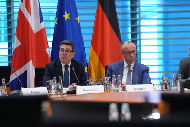 Regional Economic Forum with Chancellor Merz and British Prime Minister Andrew Burnham Chancellor Friedrich Merz and Andrew Burnham, Prime Minister of the United Kingdom of Great Britain and Northern Ireland, delivering their opening remarks at the start of the joint regional economic forum at the Federal Chancellery, October 8, 2026, Berlin, Germany