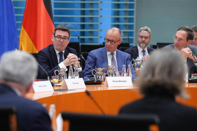 Regional Economic Forum with Chancellor Merz and British Prime Minister Andrew Burnham: Chancellor Friedrich Merz and Andrew Burnham, Prime Minister of the United Kingdom of Great Britain and Northern Ireland, at the opening of the joint regional economic forum at the Federal Chancellery, October 8, 2026, Berlin, Germany