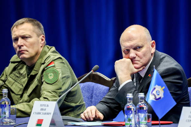 BELARUS, MINSK - OCTOBER 8, 2026: Deputy State Secretary of the Security Council of Belarus Alexander Neverovsky (L) and Chairman of the State Security Committee of Belarus Ivan Tertel attend a meeting before the final phase of the Eurasia-Antiterror 2026 counter-terrorism exercise by relevant agencies of the CIS and SCO member states. The drill is held as part of the 2026 CIS and SCO Counter-Terrorism Forum Minsk Belarus - ZUMAt113 20261008_zaa_t113_355 Copyright: xMaximxMalinovskyx