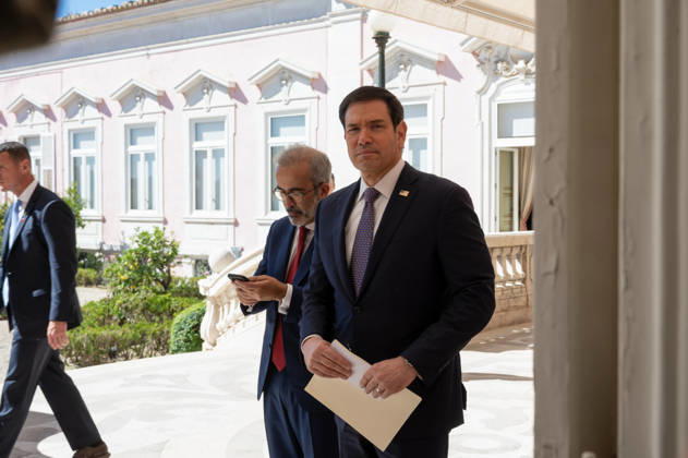 October 8, 2026, Lisbon, Lisbon, Portugal: U.S. Secretary of State MARCO RUBIO, right, and Portugal s Minister of State and Foreign Affairs PAULO RANGEL enter their joint press conference at Palacio das Necessidades in Lisbon, Portugal, on October 8, 2026. RUBIO carries papers while RANGEL checks a mobile phone as they arrive for the joint media appearance during RUBIO s visit to Portugal. Lisbon Portugal - ZUMAr238 20261008_zip_r238_004 Copyright: xRicardoxRochax