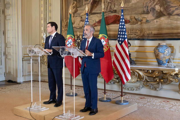 October 8, 2026, Lisbon, Lisbon, Portugal: Portugal s Minister of State and Foreign Affairs PAULO RANGEL speaks at a lectern during a joint press conference with U.S. Secretary of State MARCO RUBIO, left, at Palacio das Necessidades in Lisbon, Portugal, on October 8, 2026. The media appearance followed their bilateral meeting during RUBIO s visit to advance defense, economic and technology cooperation. Lisbon Portugal - ZUMAr238 20261008_zip_r238_006 Copyright: xRicardoxRochax