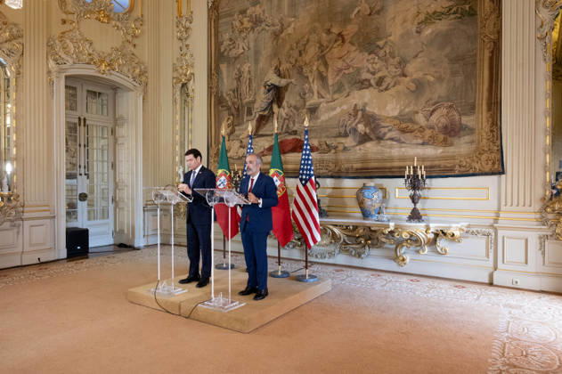 October 8, 2026, Lisbon, Lisbon, Portugal: Portugal s Minister of State and Foreign Affairs PAULO RANGEL speaks at a lectern during a joint press conference with the United States secretary of state at Palacio das Necessidades in Lisbon, Portugal, on October 8, 2026. The media appearance follows their bilateral meeting during a U.S. visit aimed at advancing defense, economic and technology cooperation. Lisbon Portugal - ZUMAr238 20261008_zip_r238_009 Copyright: xRicardoxRochax